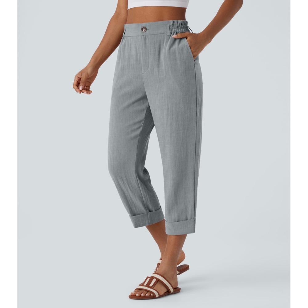 Halara XL Gray High Waisted Zipper Pocket Cropped Linen-Feel Pants Cuffed